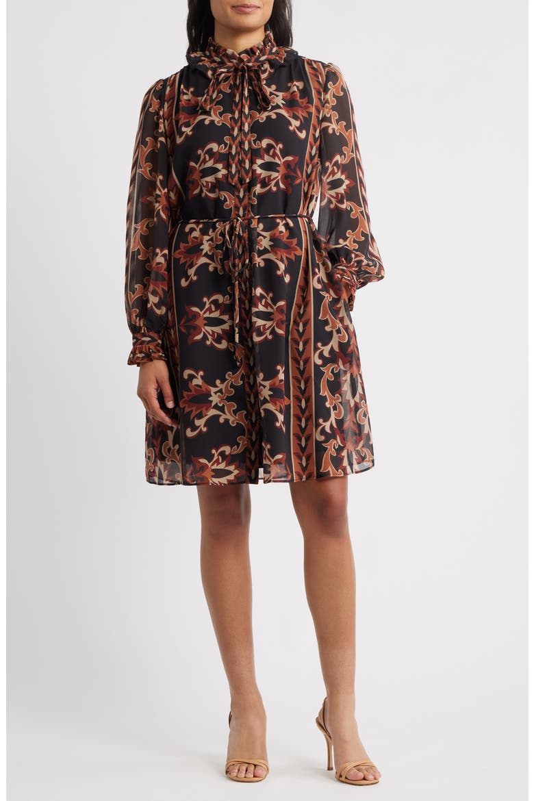 Florentine Print Long Sleeve Tie Neck Shirtdress, Main, color, BLACK MULTI