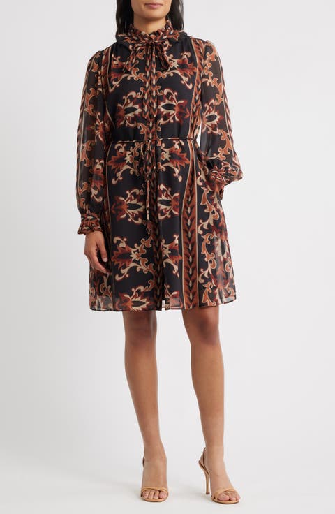 Florentine Print Long Sleeve Tie Neck Shirtdress
