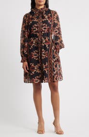 Julia Jordan Florentine Print Long Sleeve Tie Neck Shirtdress