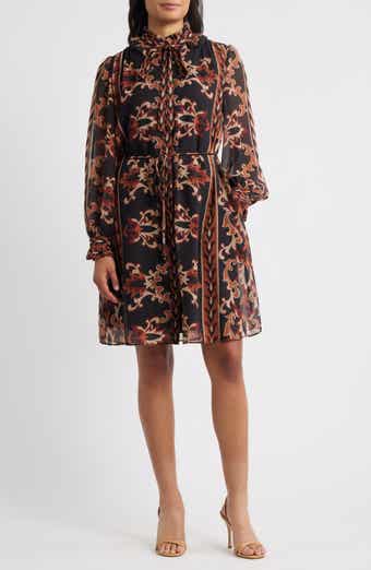Florentine Print Long Sleeve Tie Neck Shirtdress