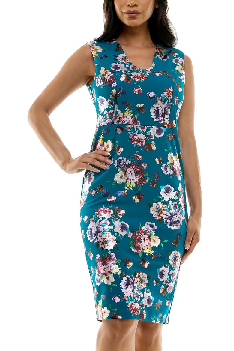 Floral U Neck Sleeveless Scuba Knit Sheath Dress, Alternate, color, DEEP LAGOON MULTI