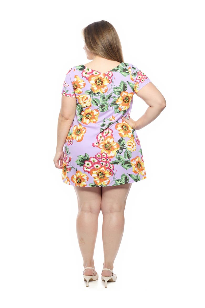 Plus Size Floral Short Sleeve Round Neck Mini Shift Dress, Alternate, color, Lilac Multi