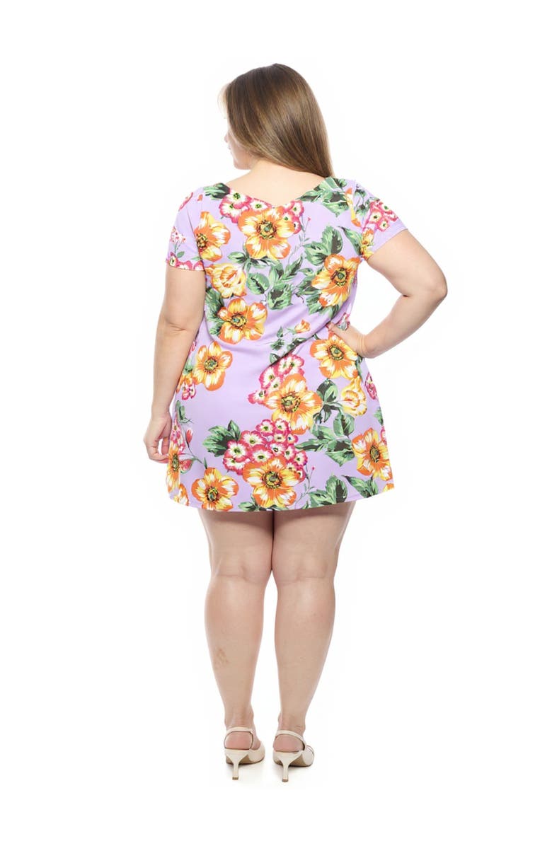24seven Comfort Apparel Plus Size Floral Short Sleeve Round Neck Mini Shift Dress, Alternate, color, Lilac Multi