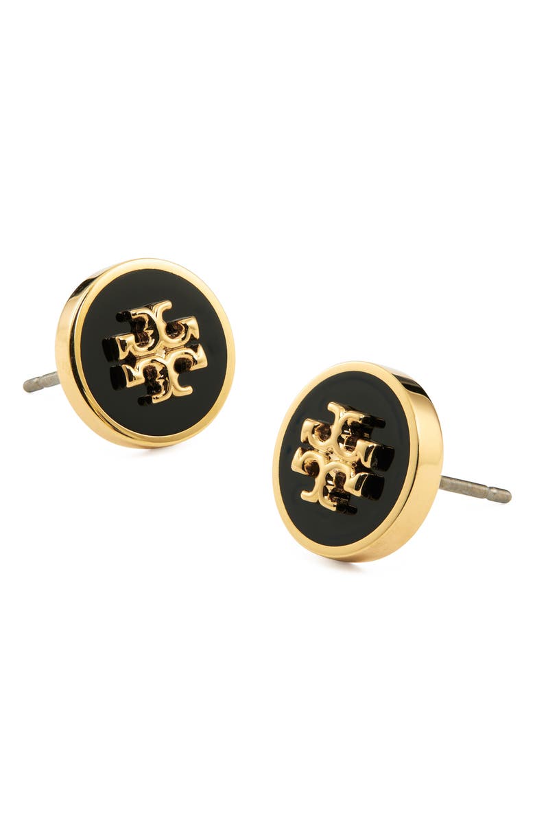 Tory Burch Icon Enamel Stud Earrings, Alternate, color, Tory Gold / Black