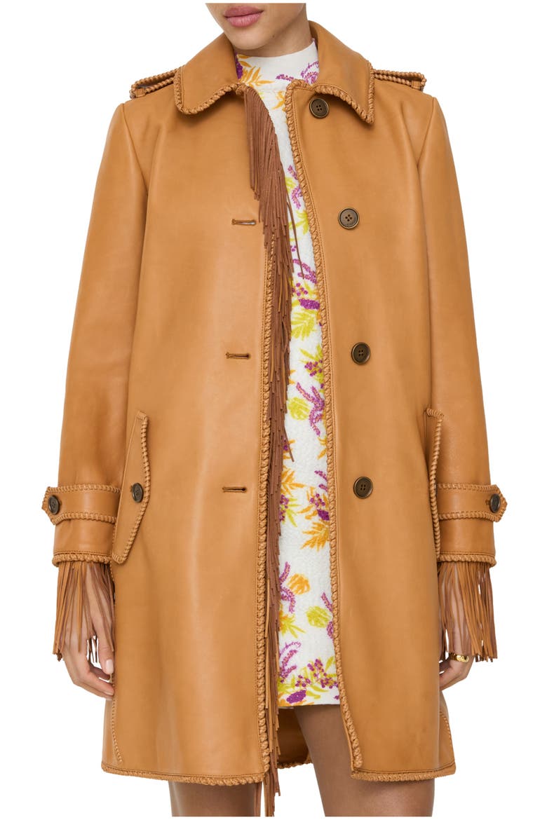 Short Fringed Leather Car Coat, Main, color, Sand brown