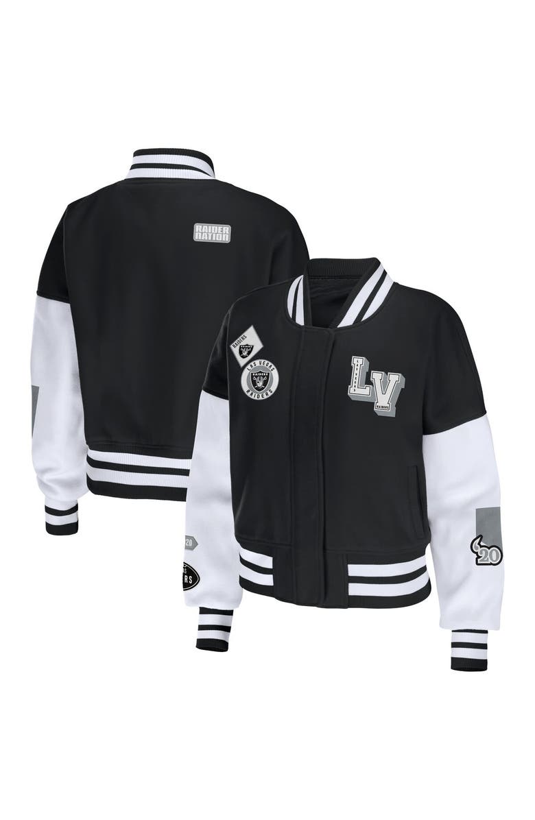 WEAR by Erin Andrews Women's WEAR by Erin Andrews Black/White Las Vegas Raiders Full-Zip Varsity Jacket, Main, color, Black