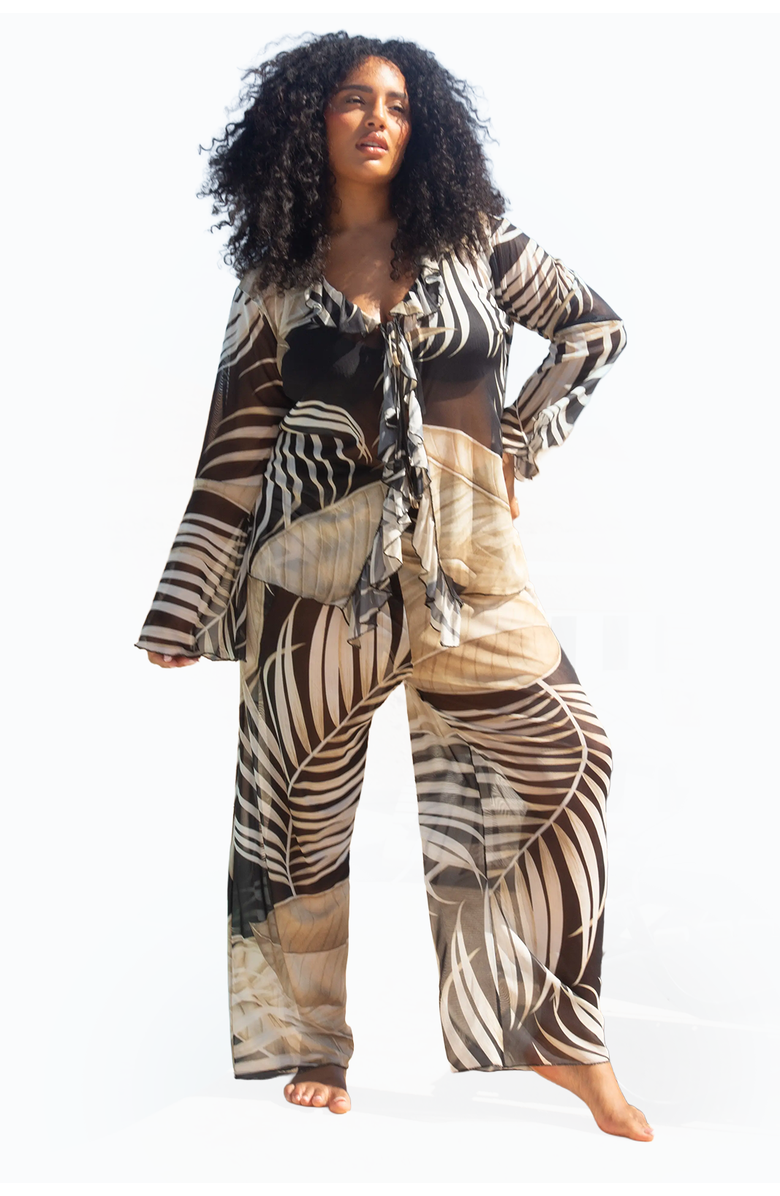 FASHION-SZN CURVE Curve Tonal Palm Print Ruffle Resort Top, Alternate, color, Black