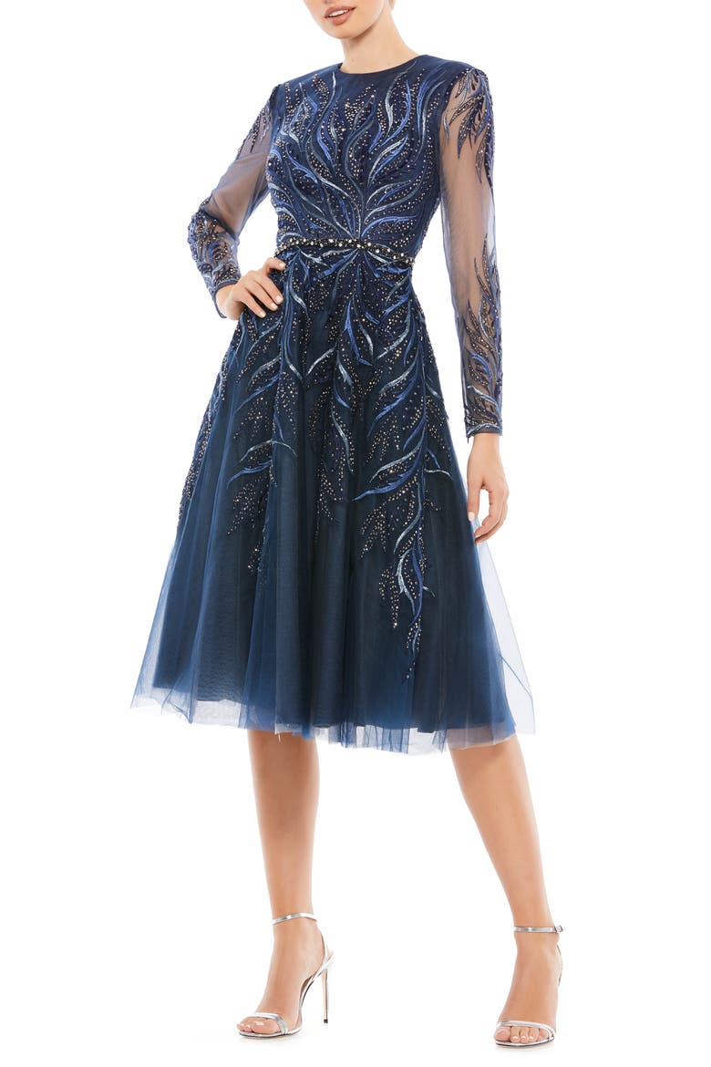 Embellished Tea-Length Illusion Cocktail Dress, Main, color, TWILIGHT