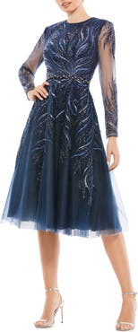 Mac Duggal Embellished Tea-Length Illusion Cocktail Dress