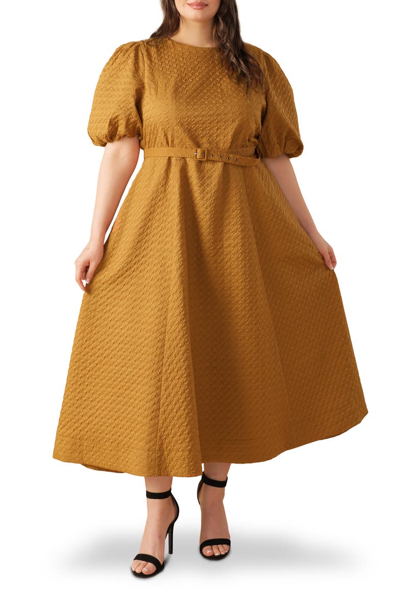 Belted Houndstooth Puff Sleeve Maxi Dress, Main, color, CAMEL