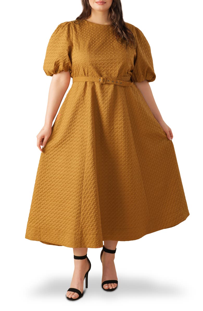 FLYING TOMATO Belted Houndstooth Puff Sleeve Maxi Dress, Main, color, Camel