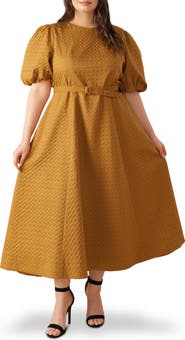 FLYING TOMATO Belted Houndstooth Puff Sleeve Maxi Dress