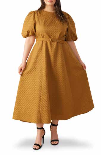 FLYING TOMATO Belted Houndstooth Puff Sleeve Maxi Dress