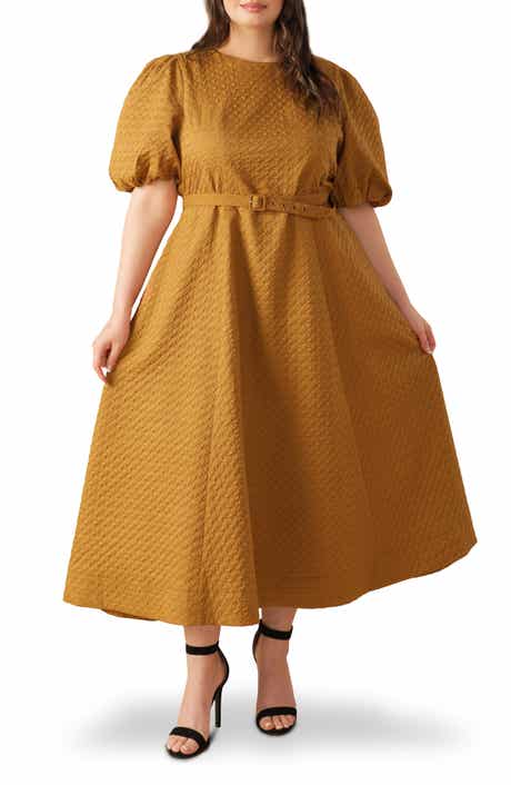 FLYING TOMATO Belted Houndstooth Puff Sleeve Maxi Dress