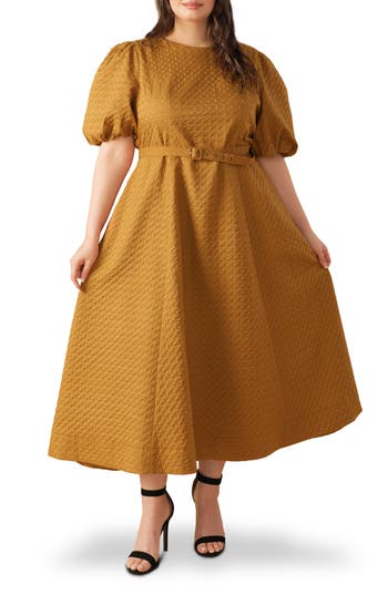 Flying Tomato Belted Houndstooth Puff Sleeve Maxi Dress In Animal Print