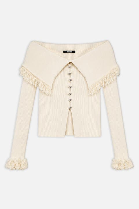 Fringed Collar Off Shoulder Cardigan