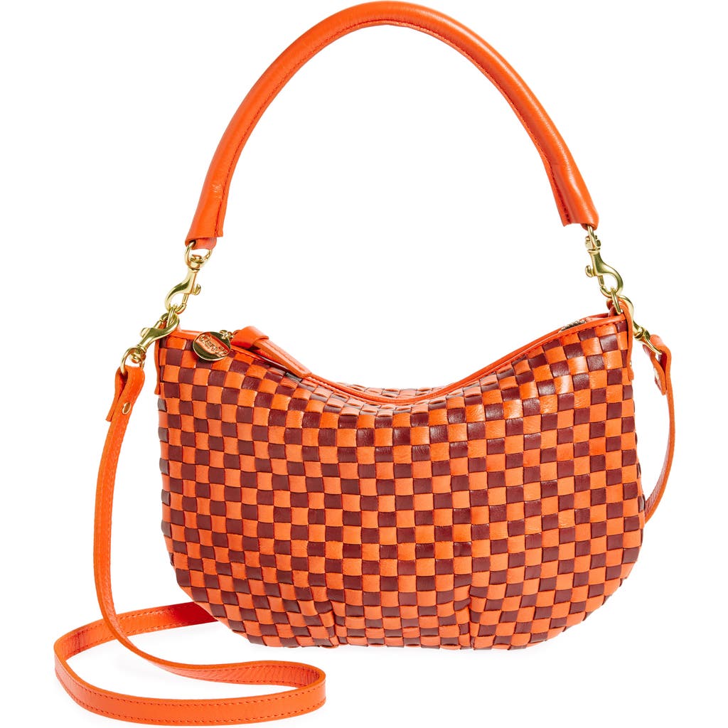 Shop Clare V . Petit Moyen Woven Leather Messenger Bag In Bright Poppy & Bordeaux Woven
