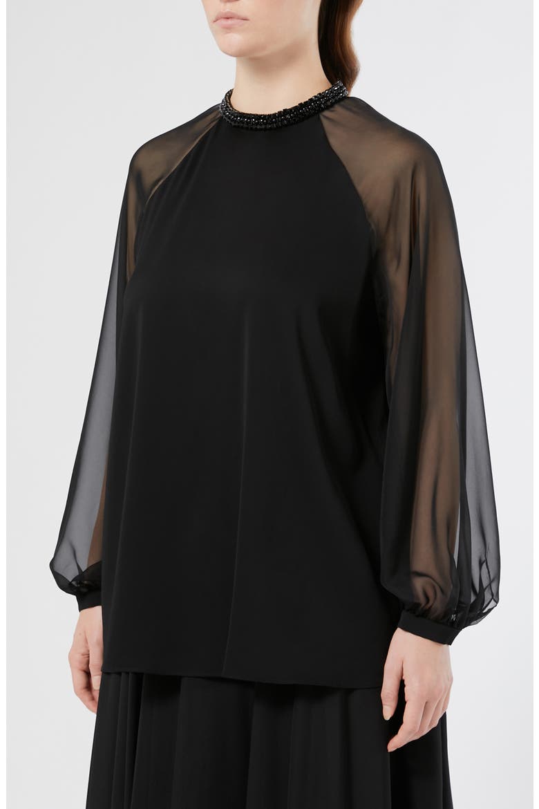 Cambusa Bead Neckline Sheer Sleeve Cady Top, Main, color, BLACK