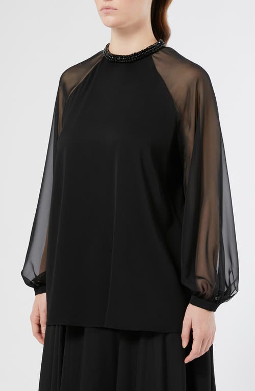 Marina Rinaldi Cambusa Bead Neckline Sheer Sleeve Cady Top In Black