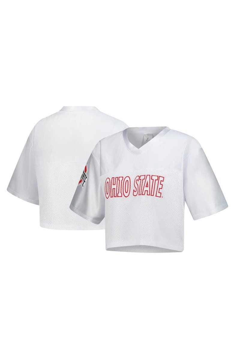 ZOOZATZ Women's ZooZatz White Ohio State Buckeyes Mesh Cropped V-Neck T-Shirt, Main, color, White