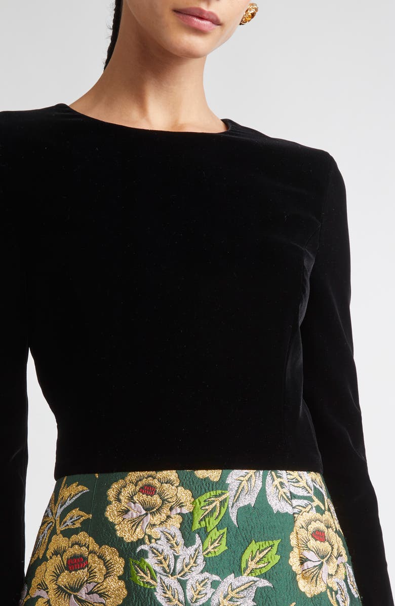 Carolina Herrera Long Sleeve Floral Jacquard & Velvet Midi Dress, Alternate, color, Pine Green Mult