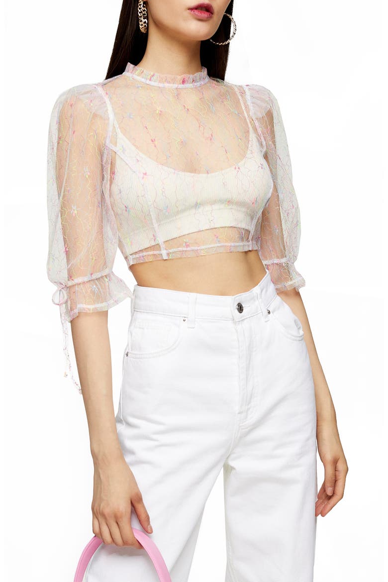 Fluorescent Mesh Crop Top, Main, color, WHITE MULTI
