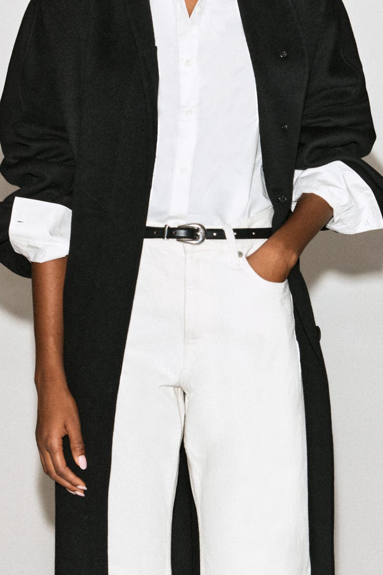 Sculpted-buckle Leather Belt, Main, color, BLACK / SILVER