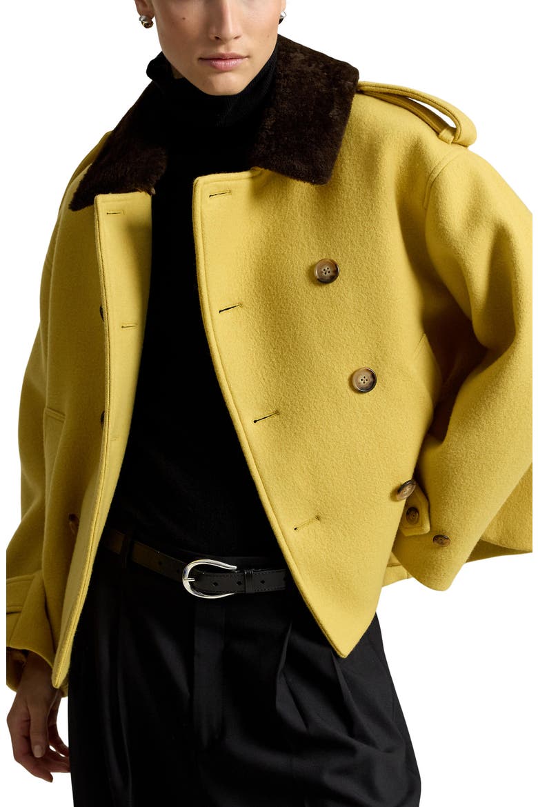 Double Breasted Coat with Genuine Shearling Collar, Main, color, YELLOW