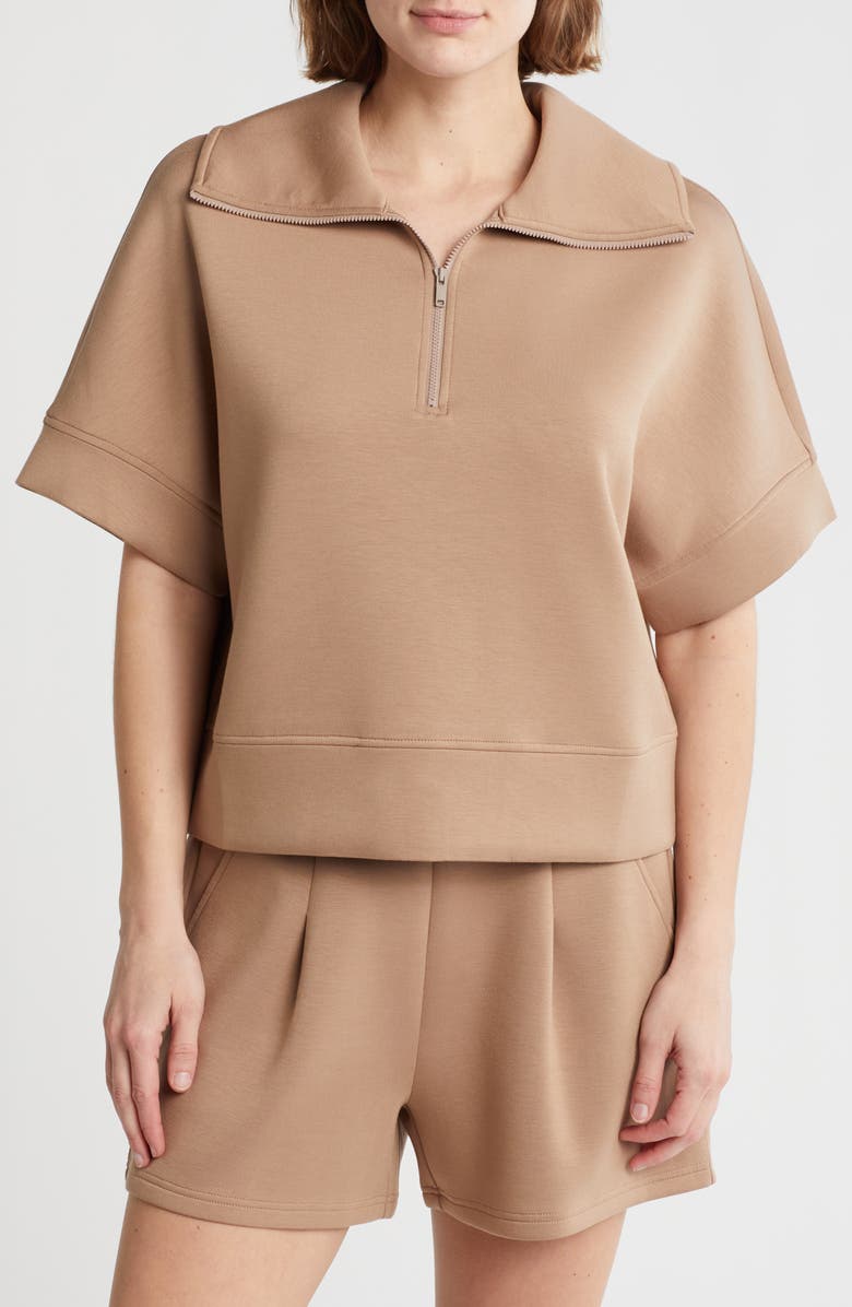 Z by Zella Whisper Quarter Zip Knit Top, Main, color, Tan Portabella