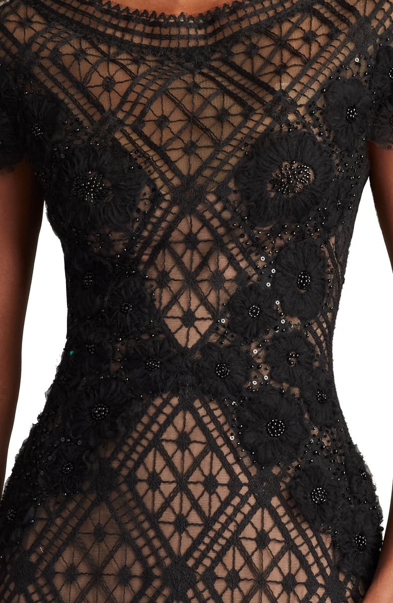 Tadashi Shoji Embellished Flutter Sleeve Lace Mermaid Gown, Alternate, color, Black/ Nude