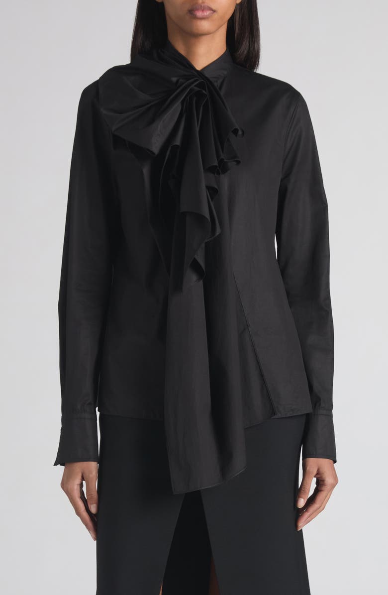 McQueen Ruffle Bow Cotton Shirt, Main, color, Black