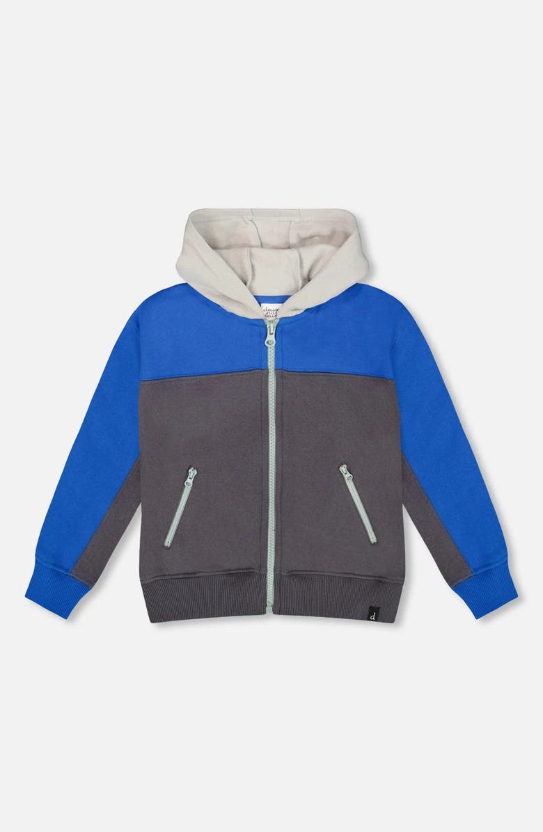 Deux par Deux Color Blocked Zip Front Fleece Hoodie, Main, color, Dark Gray
