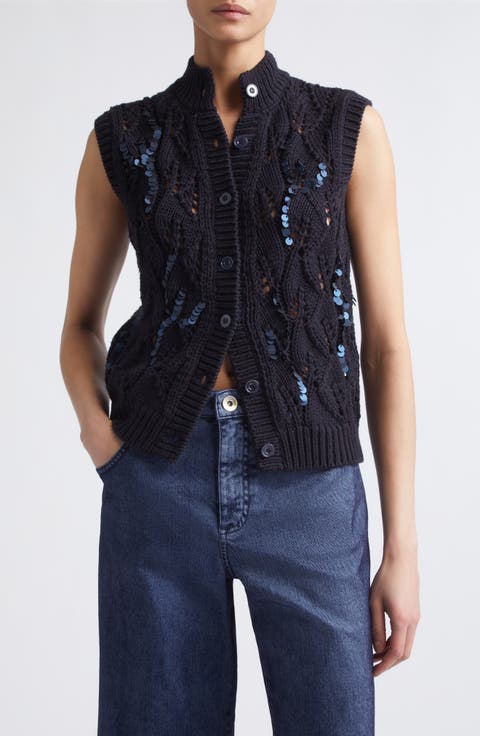 Sequin Detail Wool Cable Sweater Vest