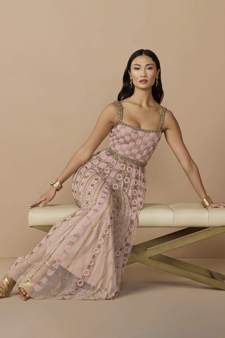 Petite Embellished Mesh A-Line Evening Gown, Alternate, color, Rose
