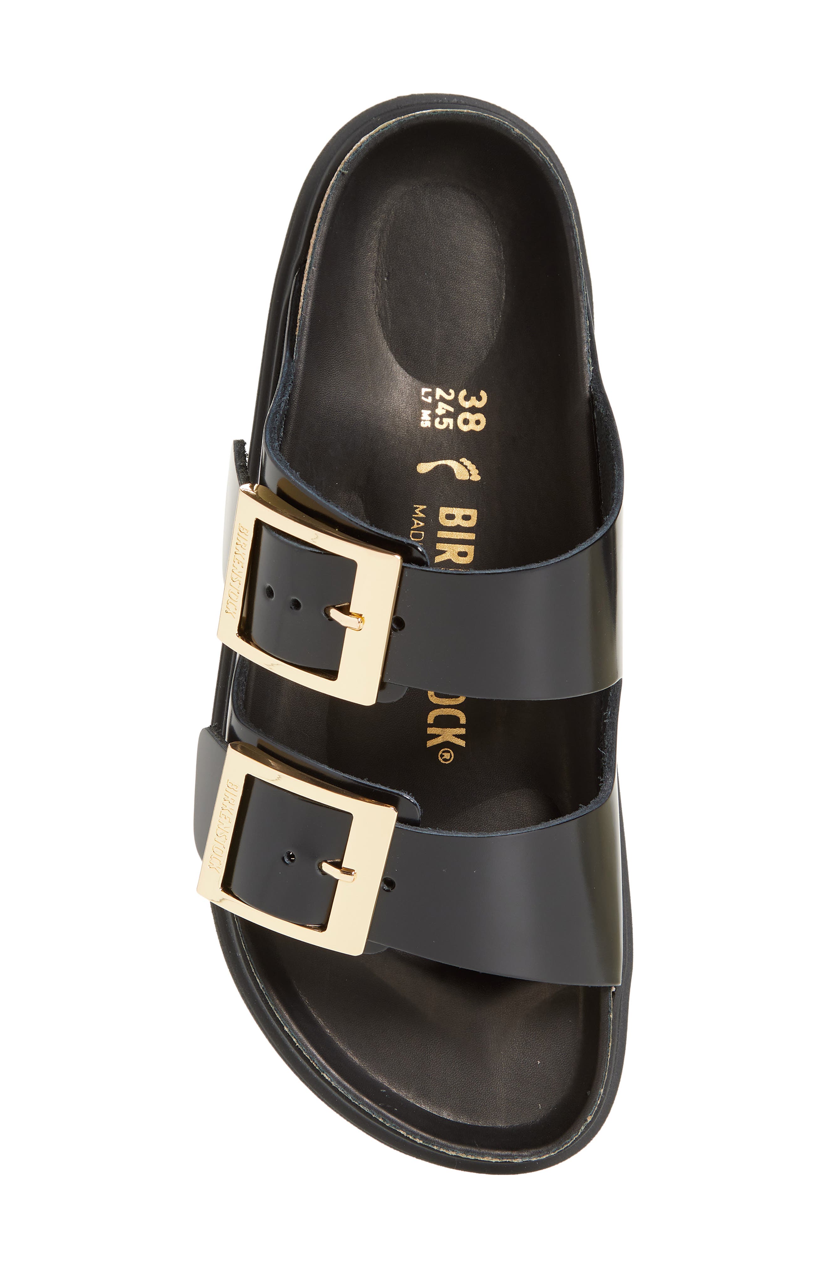 Birkenstock Arizona Droplet Buckle Slide Sandal, Alternate, color, High Shine Black