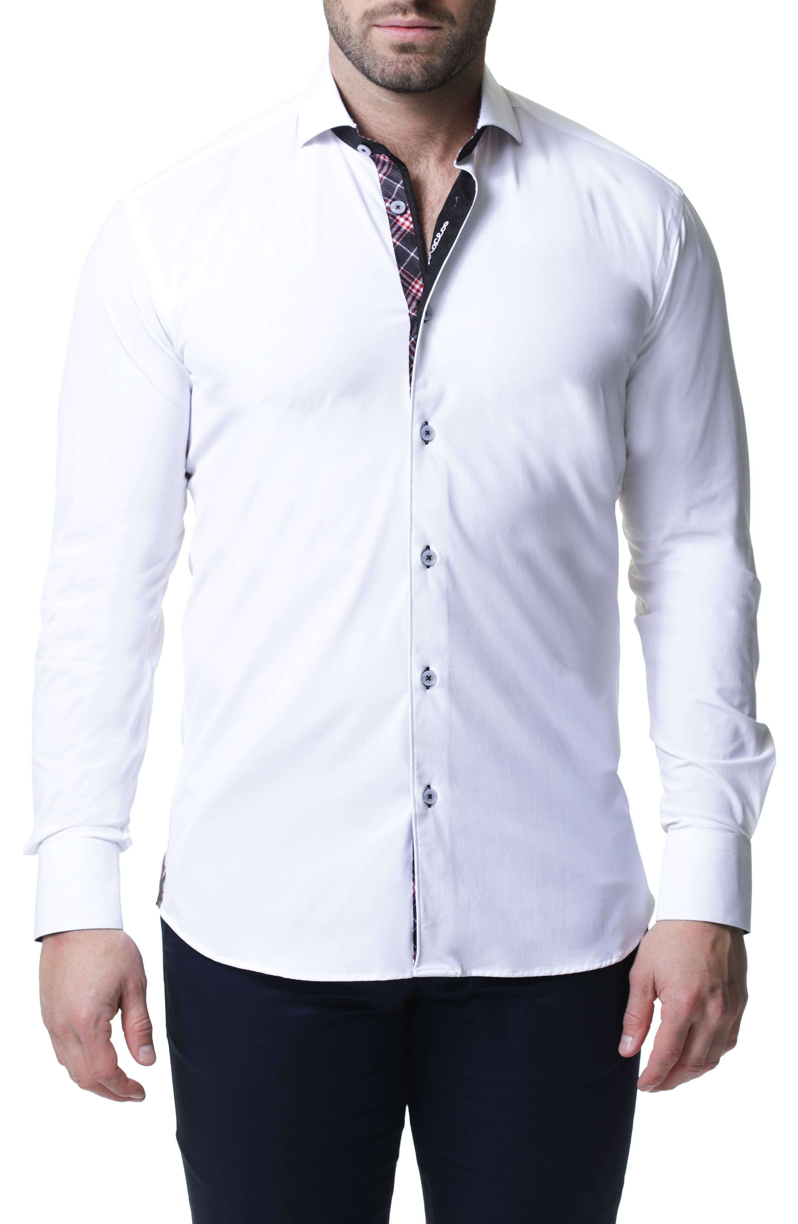 Maceoo Wall Street 4-Way Stretch White Check Performance Sport Shirt