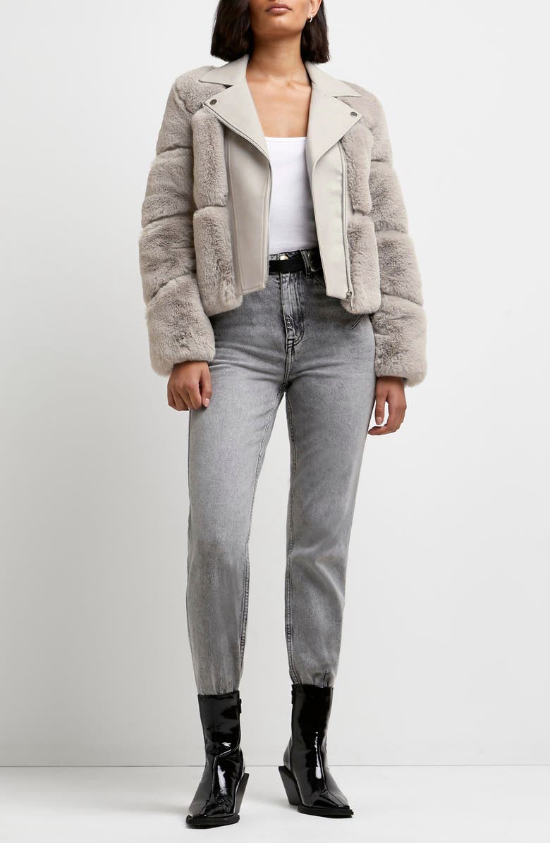 River Island Faux Fur & Faux Leather Moto Jacket, Alternate, color, 
