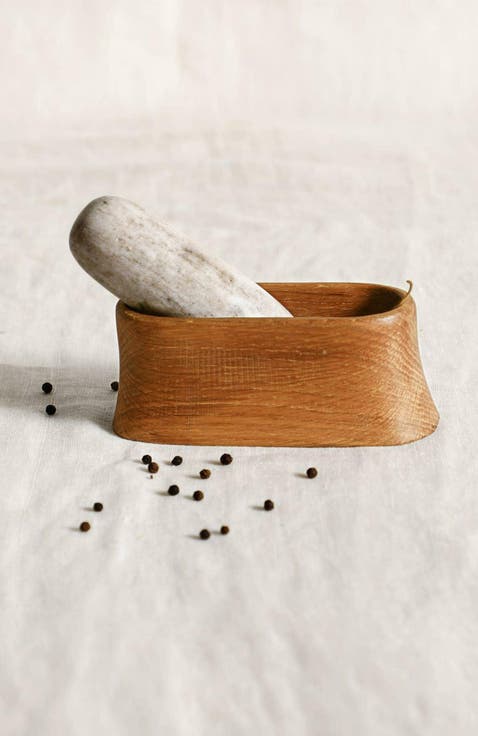Oak Mortar and Marble Pestle