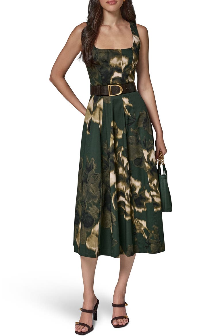 Printed Belted Fit & Flare Midi Dress, Main, color, BLACK FORE