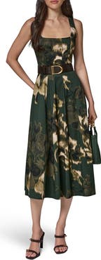 Donna Karan New York Printed Belted Fit & Flare Midi Dress
