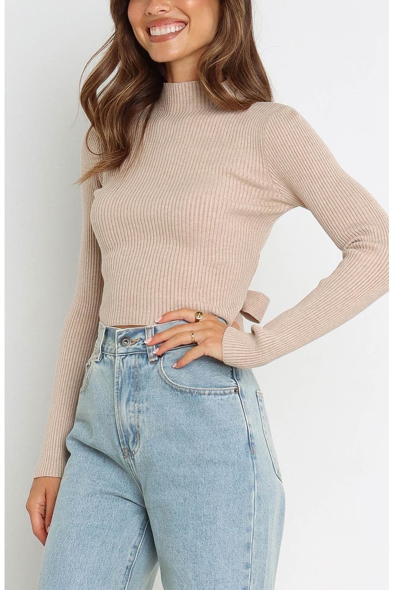 Paige Tie Waist Rib Top, Alternate, color, BEIGE