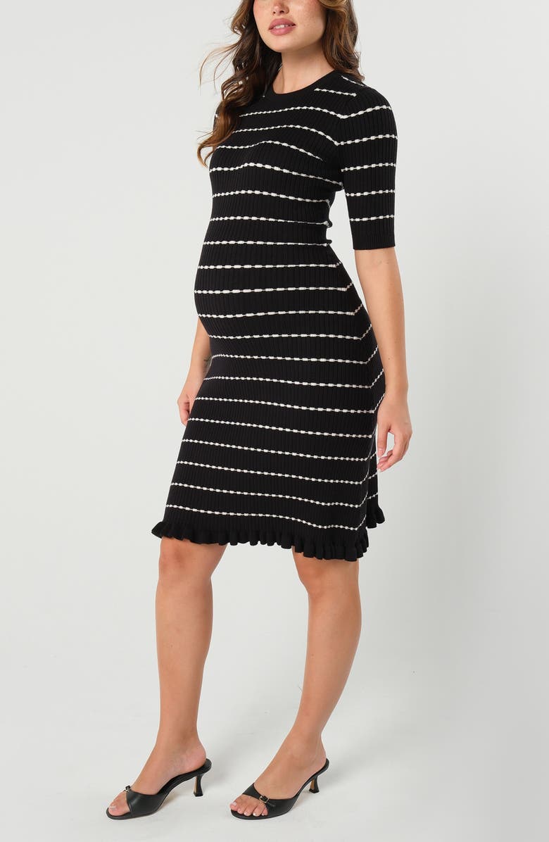 Marion Women's Knee Length Striped Maternity & Nursing Sweater Dress in Cotton Knit, Alternate, color, Black And White Stripe