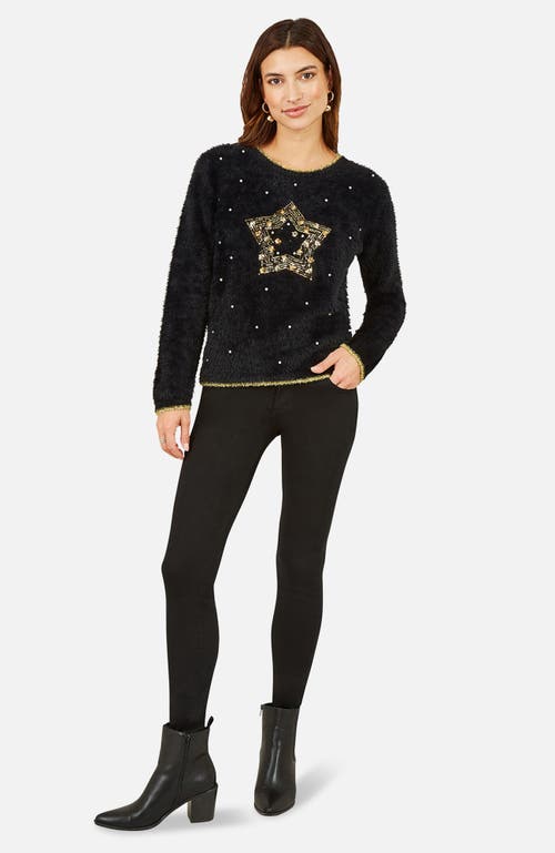 Yumi Fluffy Star Christmas Sweater In Black