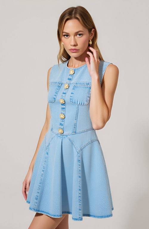 Modenaire Sleeveless Denim Mini Dress With Button Front And Flared Skirt In Blue