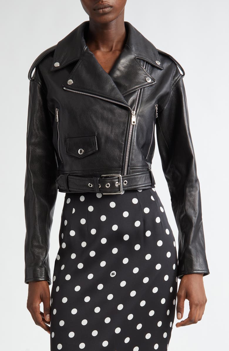 Dolce&Gabbana Crop Plongé Leather Biker Jacket, Main, color, 
