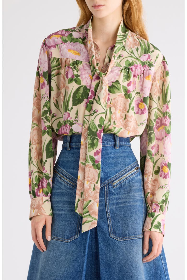 Floral Print Silk Charmeuse Top, Main, color, MACADAMIA BROWN