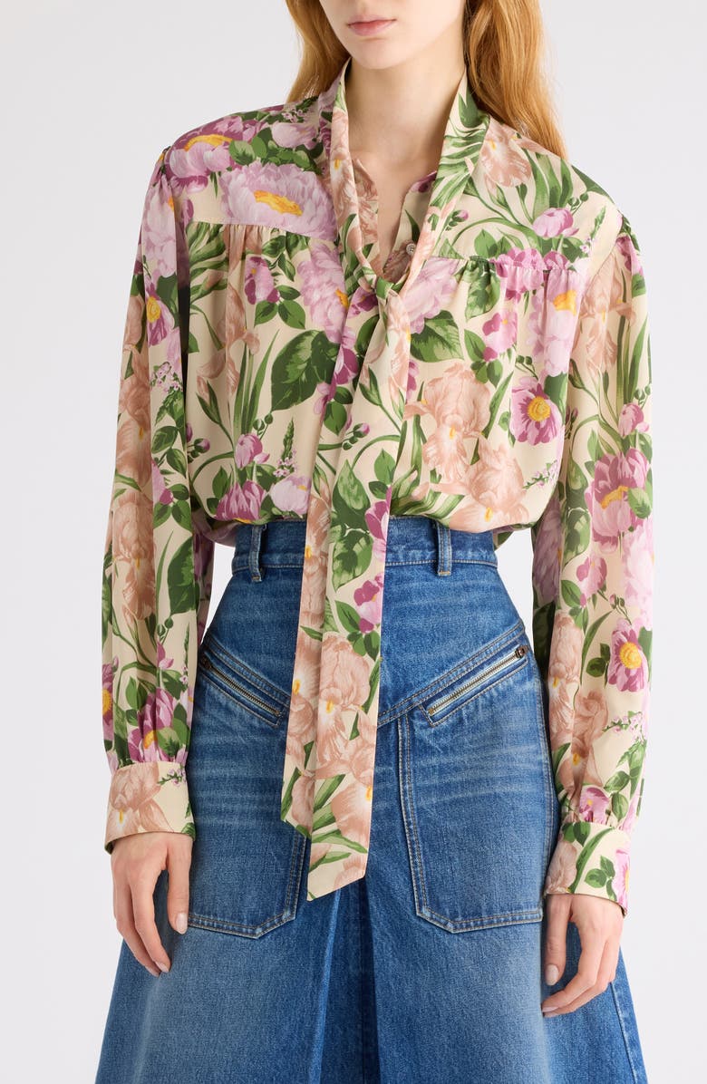 Chloé Floral Print Silk Charmeuse Top, Main, color, Macadamia Brown