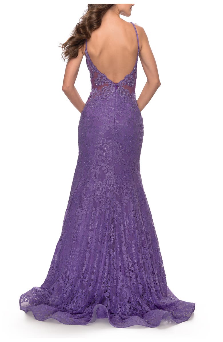 La Femme Long Mermaid Lace Dress with Back Rhinestone Detail, Alternate, color, Purple