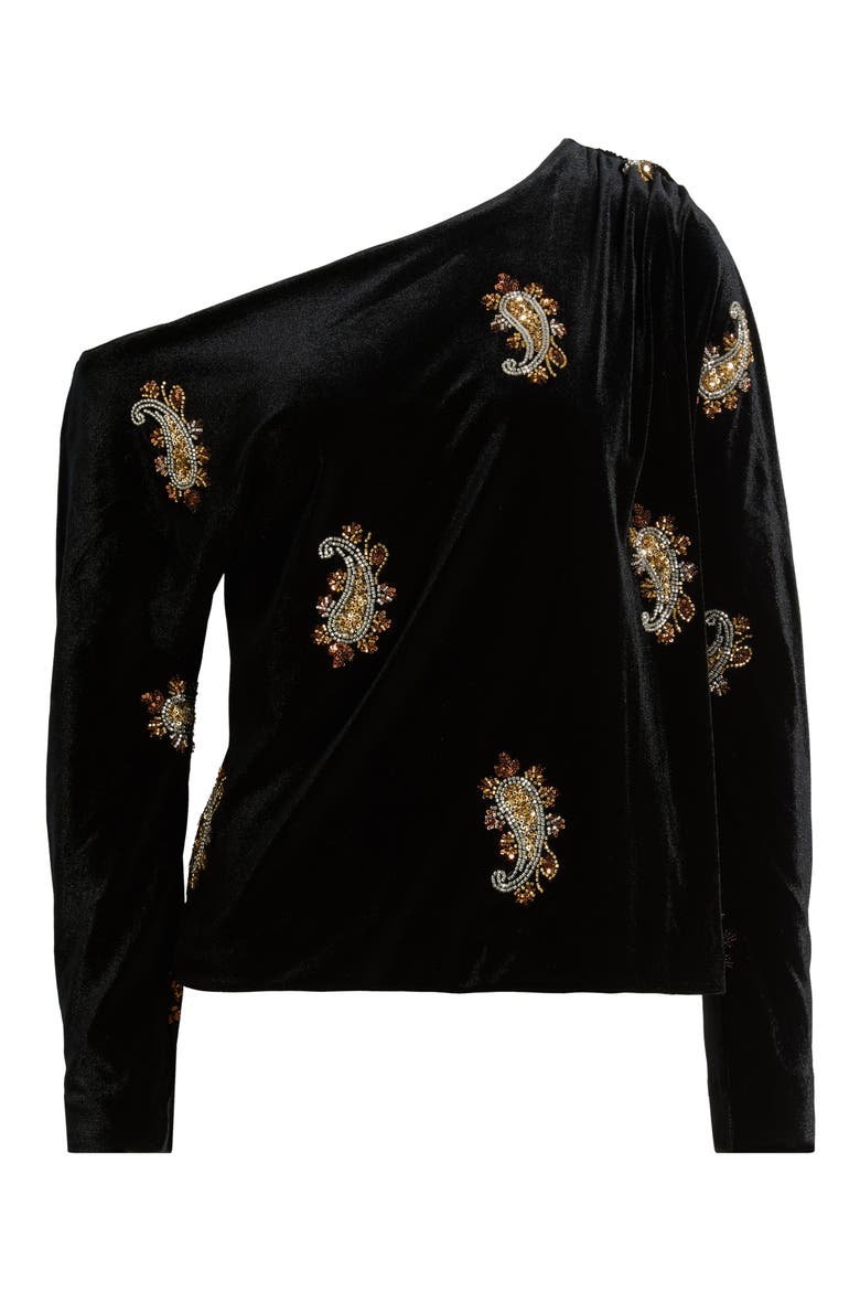 The Vani One Shoulder Velvet Top, Alternate, color, NOIR/ BRONZE GOLD