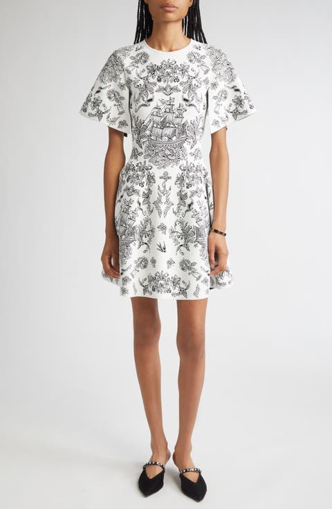 Sailor Tattoo Jacquard Cape Sleeve Fit & Flare Sweater Dress